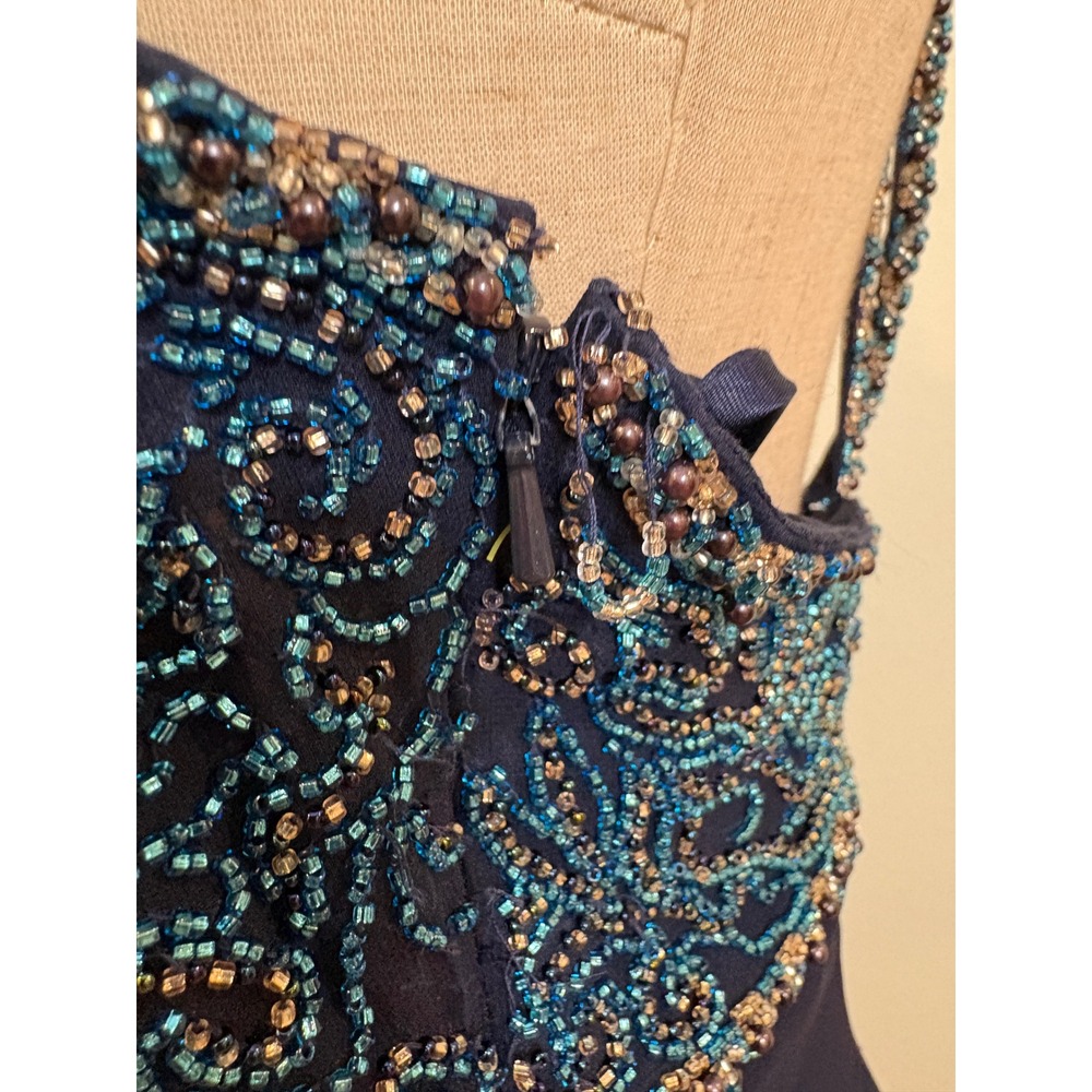 Vtg Fleur De Lis Silk Maxi Dress 12 Navy Blue Beaded Formal Gown Whimsy Ethereal - Picture 5 of 10